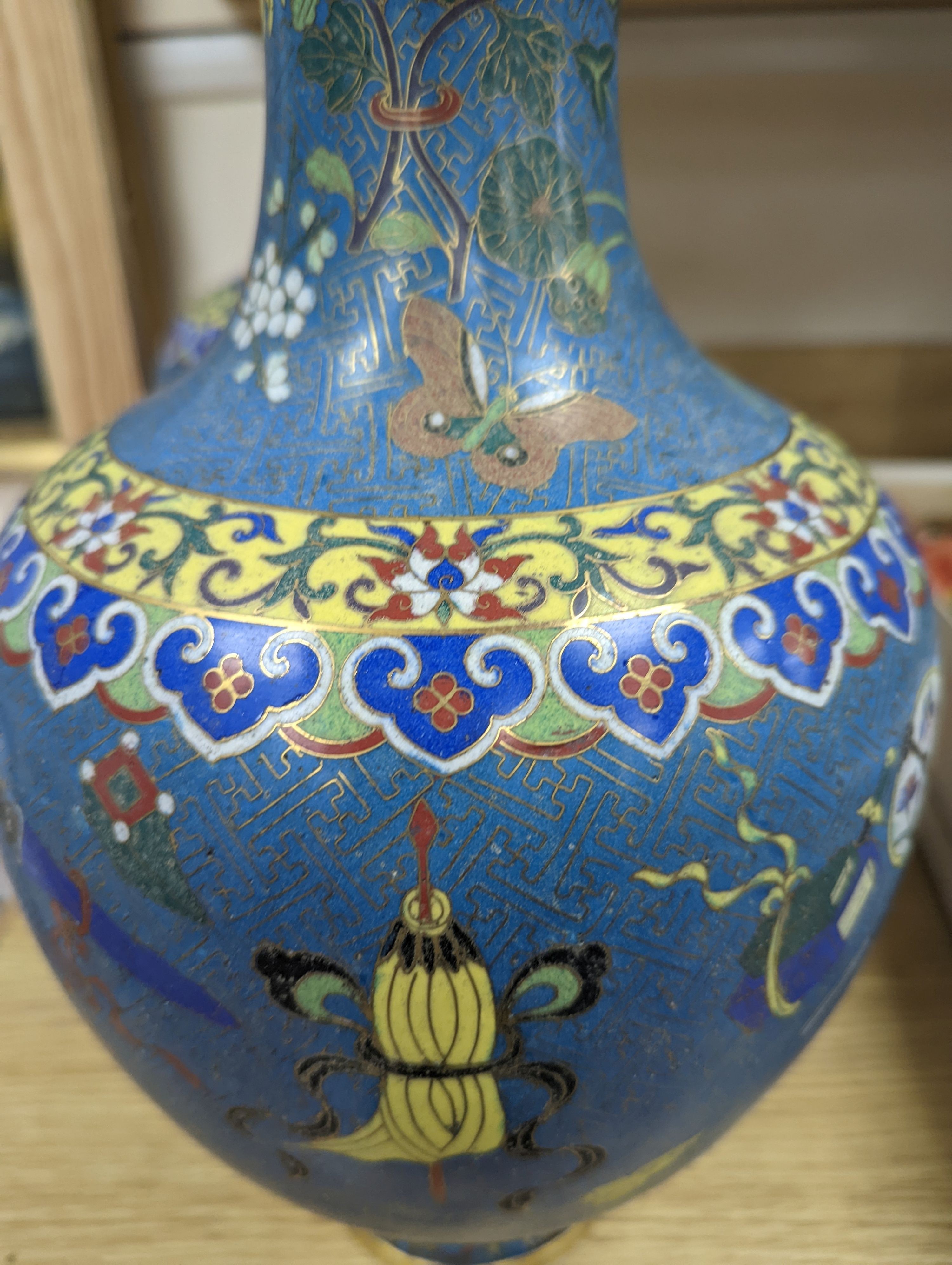 A pair of late 19th/early 20th century Chinese cloisonné enamel ‘Buddhist emblems’ vases 36cm